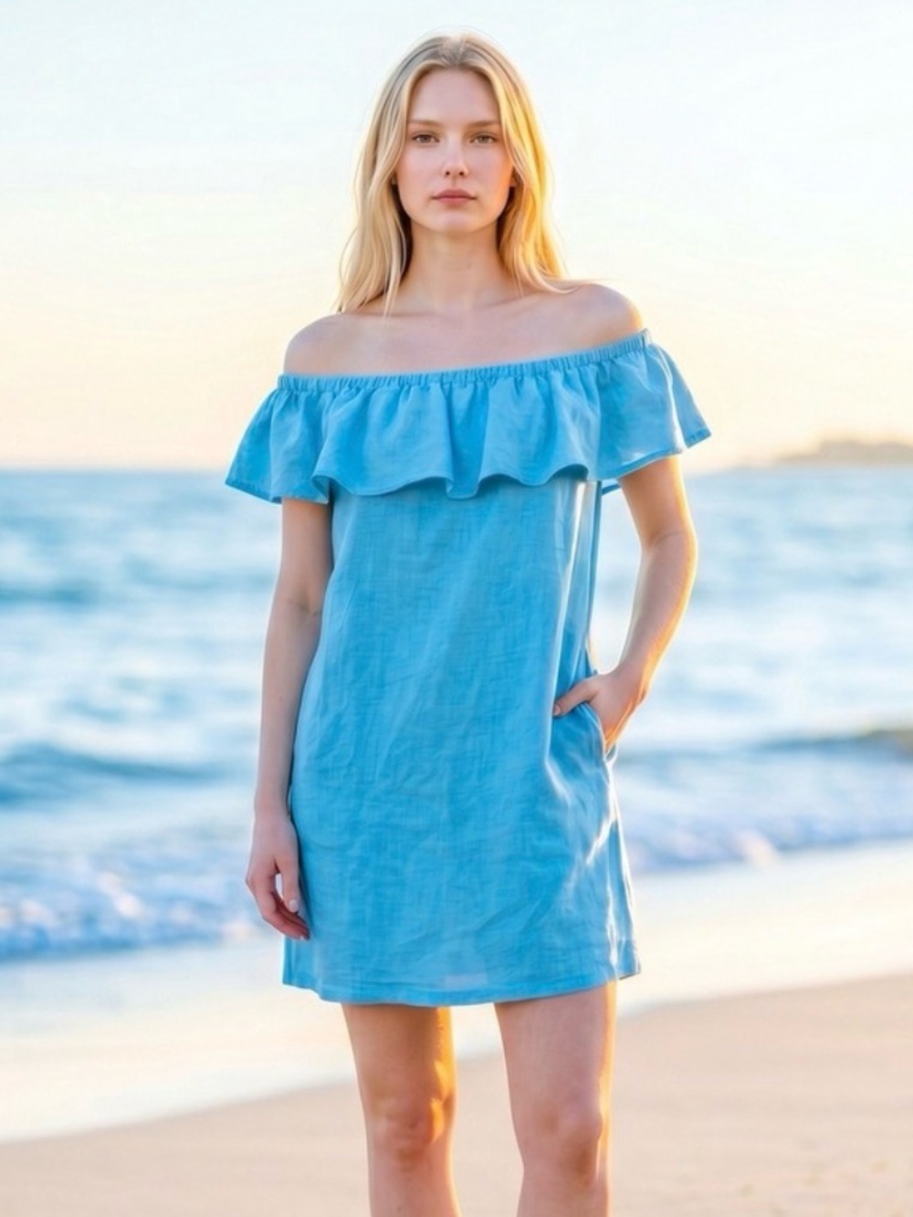 NWT Tommy Bahama Blue St. Lucia Ruffle Linen Dress